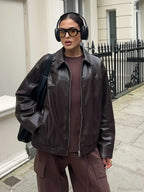 Brown Drawstring Tie Leather Coat