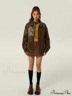 Brown Leather Polo Collar Three-Color Autumn Retro Casual Loose Jacket