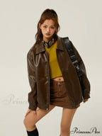 Brown Leather Polo Collar Three-Color Autumn Retro Casual Loose Jacket