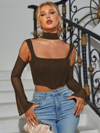 Boning Bell Sleeve Cut Out Mesh Corset Top
