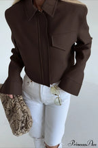 Brown Zip Short Jacket Chic Coat