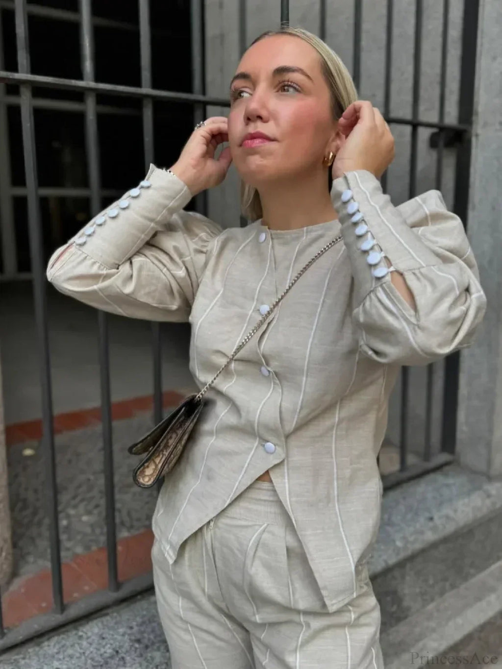 Bubble Sleeve Slanted Button Stripe Blouse