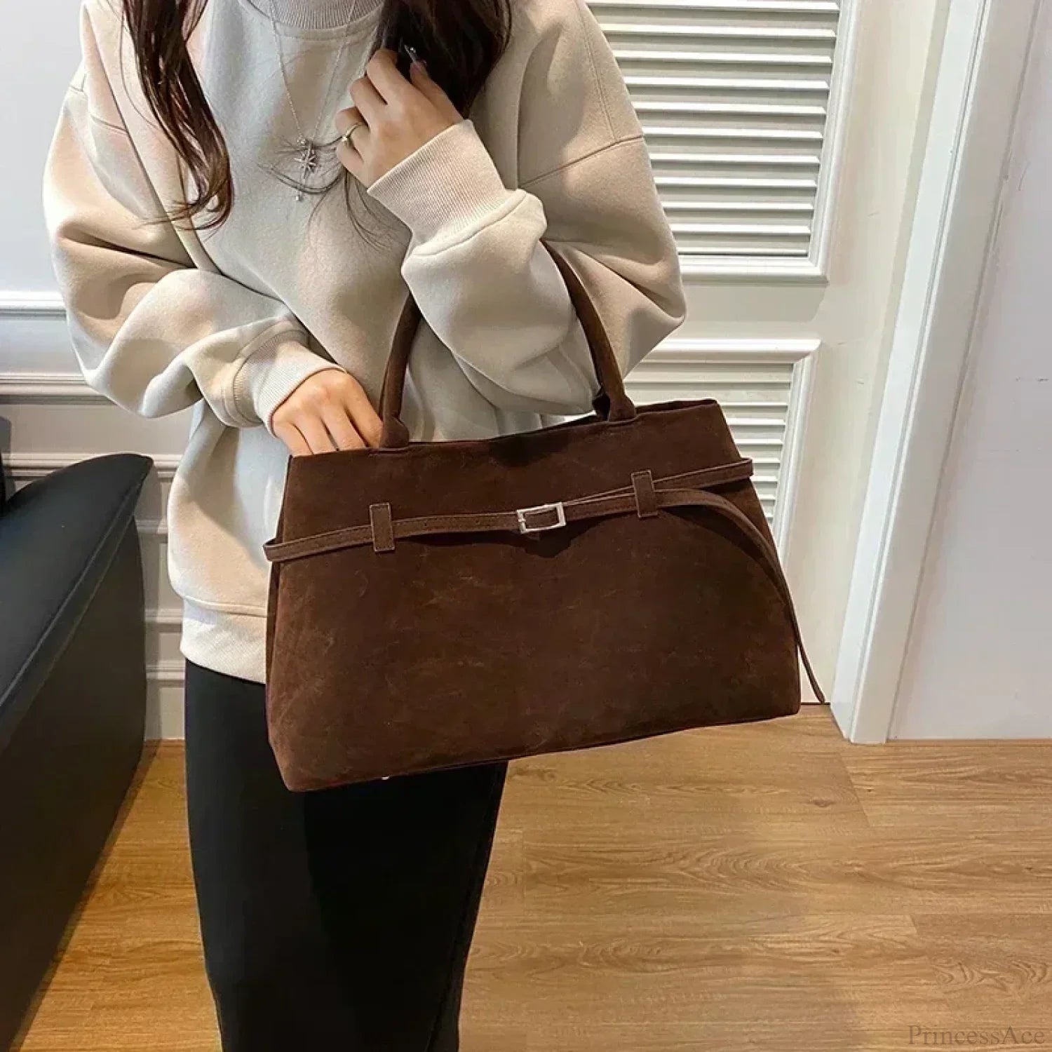 Buckle Decorative Faux Suede Hasp Large Tote Handbag