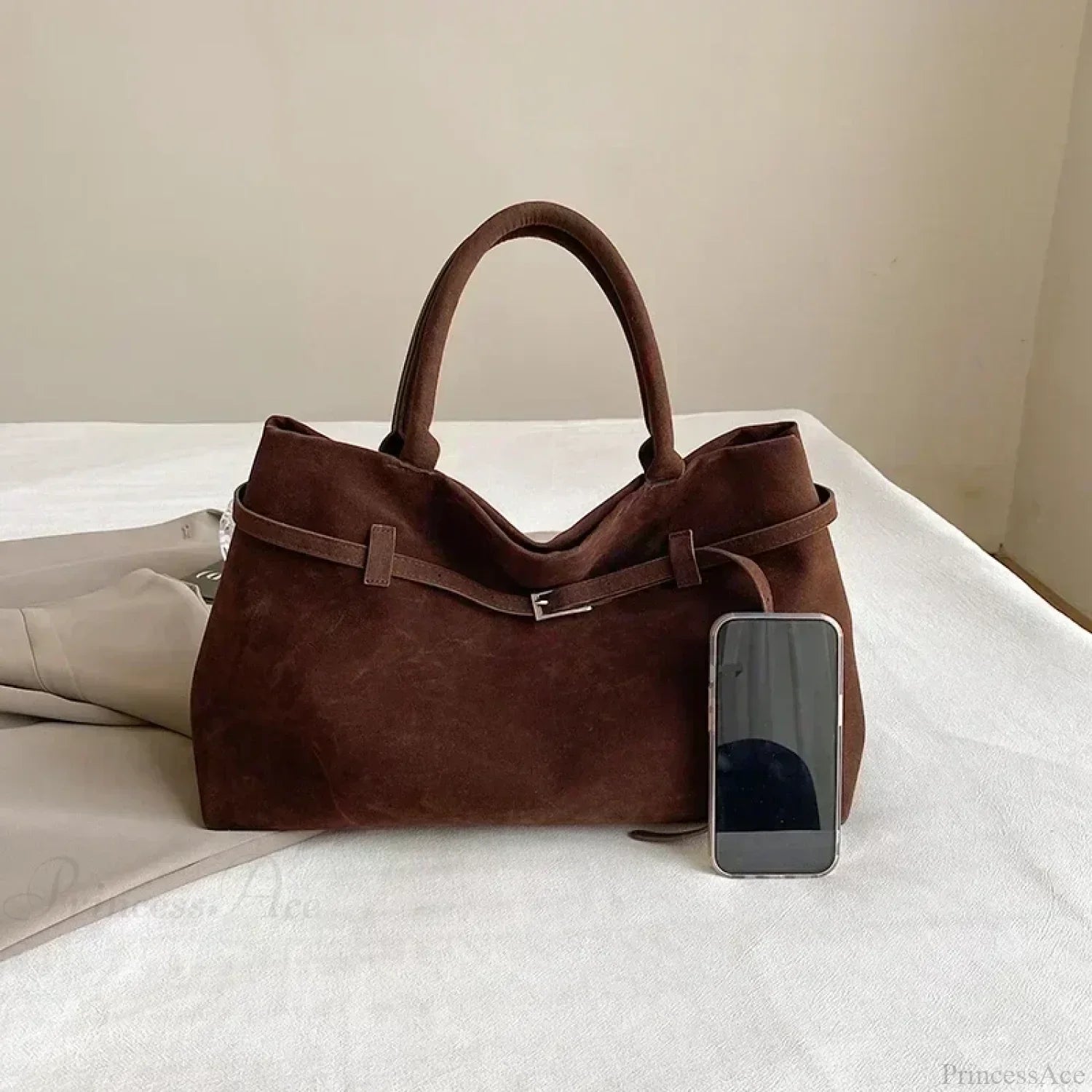 Buckle Decorative Faux Suede Hasp Large Tote Handbag