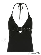 Buckle Strap Black Trendy Bodycon Crop Top