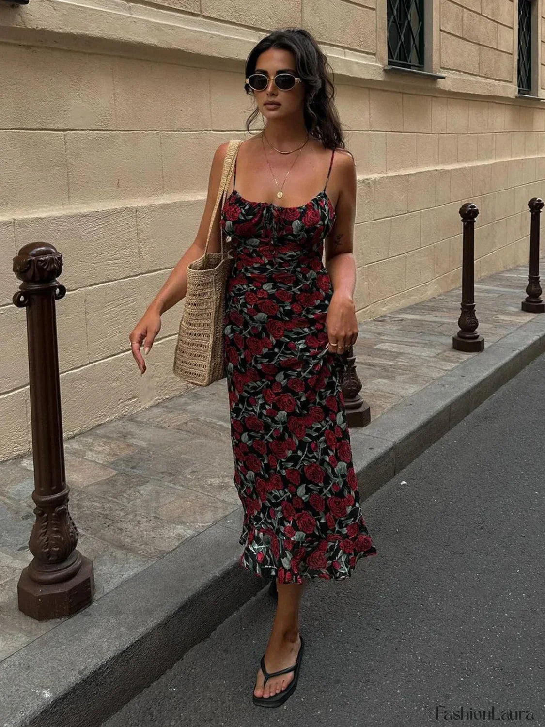 Black Bulgarian Roses Floral Cami Long Dress