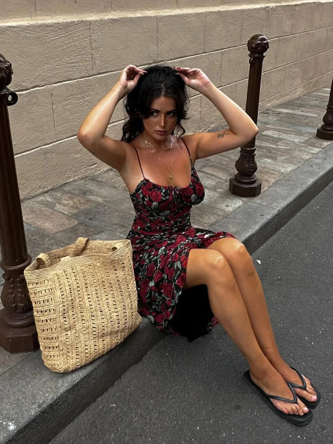 Black Bulgarian Roses Floral Cami Long Dress