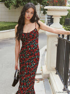 Black Bulgarian Roses Floral Cami Long Dress