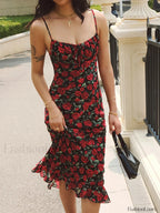 Black Bulgarian Roses Floral Cami Long Dress
