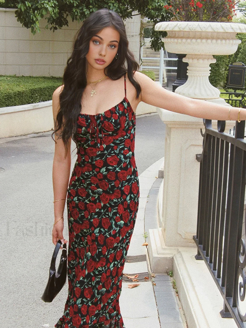 Black Bulgarian Roses Floral Cami Long Dress