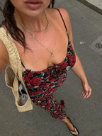 Black Bulgarian Roses Floral Cami Long Dress
