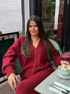 Burgundy Loose V-neck Single Breasted Cardigan