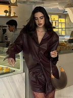 Burgundy Single Breasted PU Leather Coat