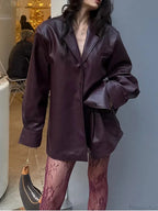 Burgundy Single Breasted PU Leather Coat