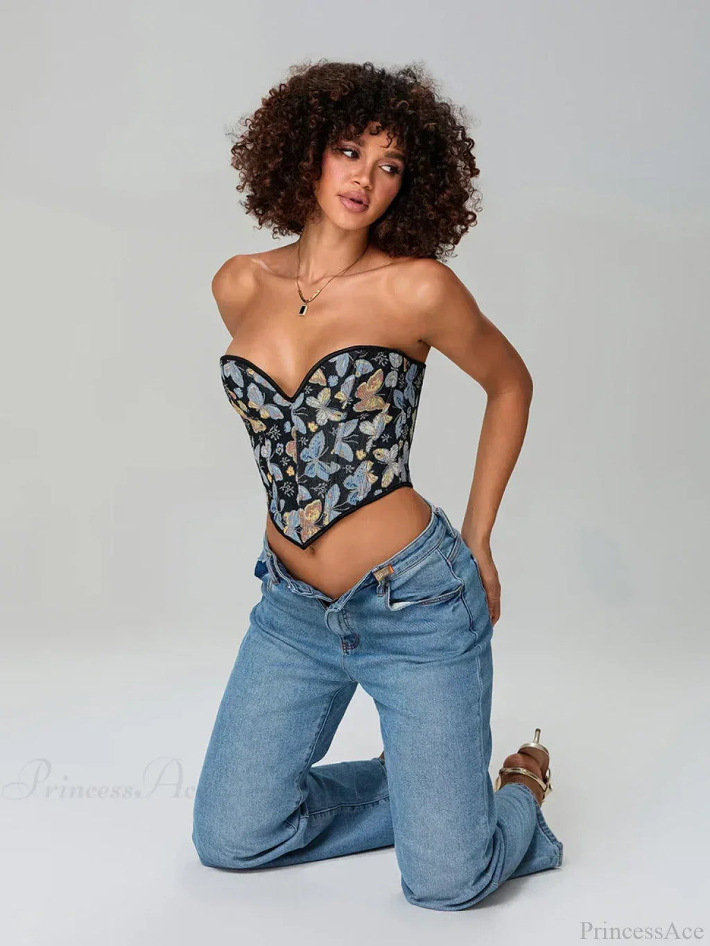 Butterfly Print Strapless Bandage Off-shoulder Corset