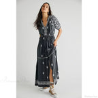 Button Down Embroidery Short Sleeve Chic Boho Dress