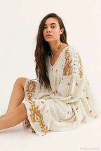 Button Up Black Embroidery Vintage Cotton Boho Dress