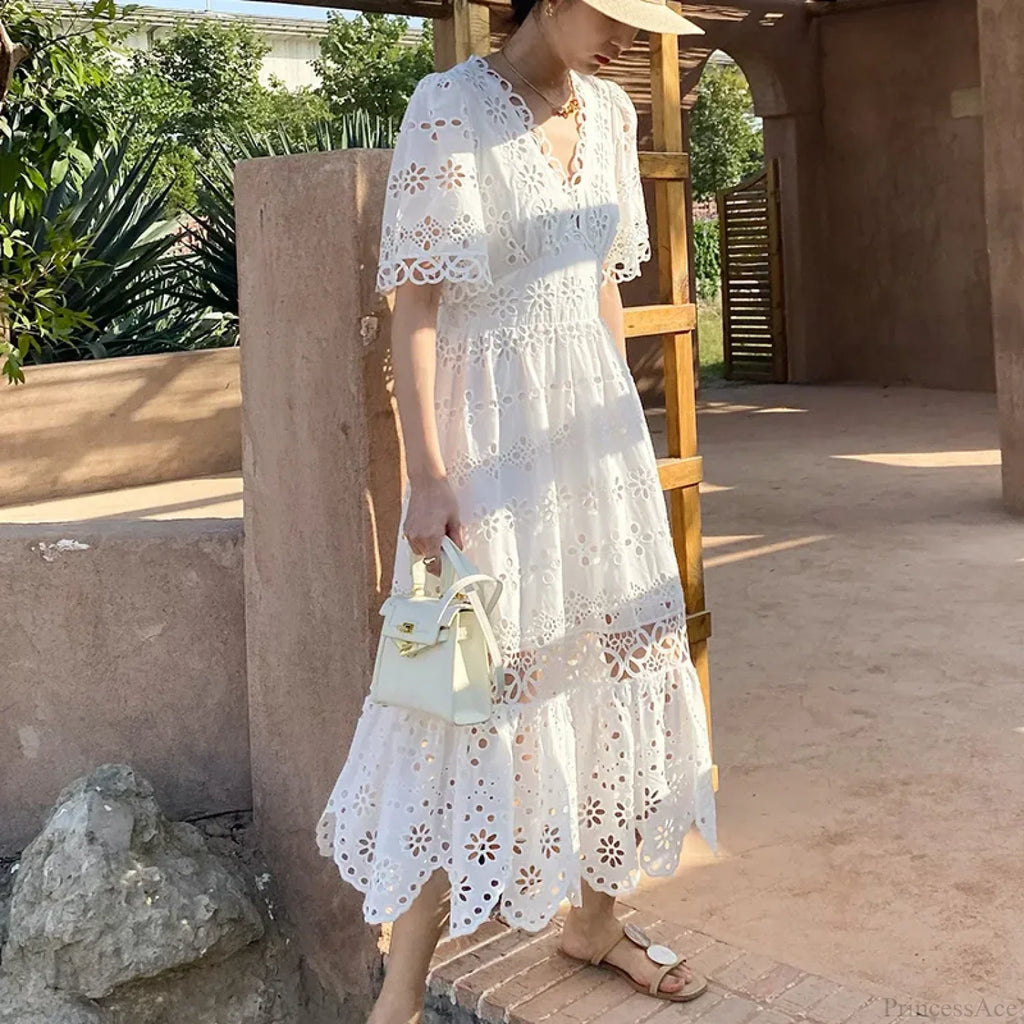 Button Up Embroidery Lantern Sleeve Cotton Boho Dress