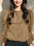 Button-Up O-neck Lantern Sleeve Casual Blouse