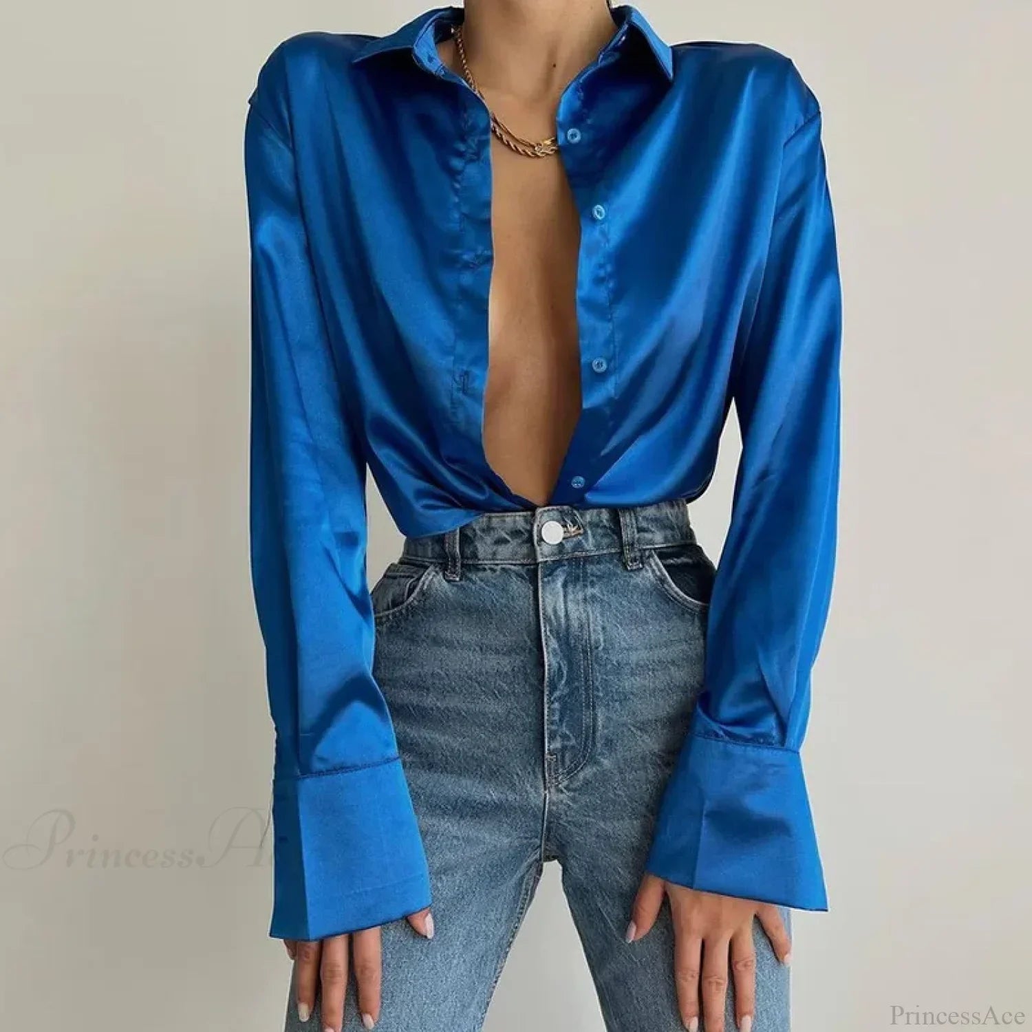 Button Up Satin Long Sleeve White Blouse