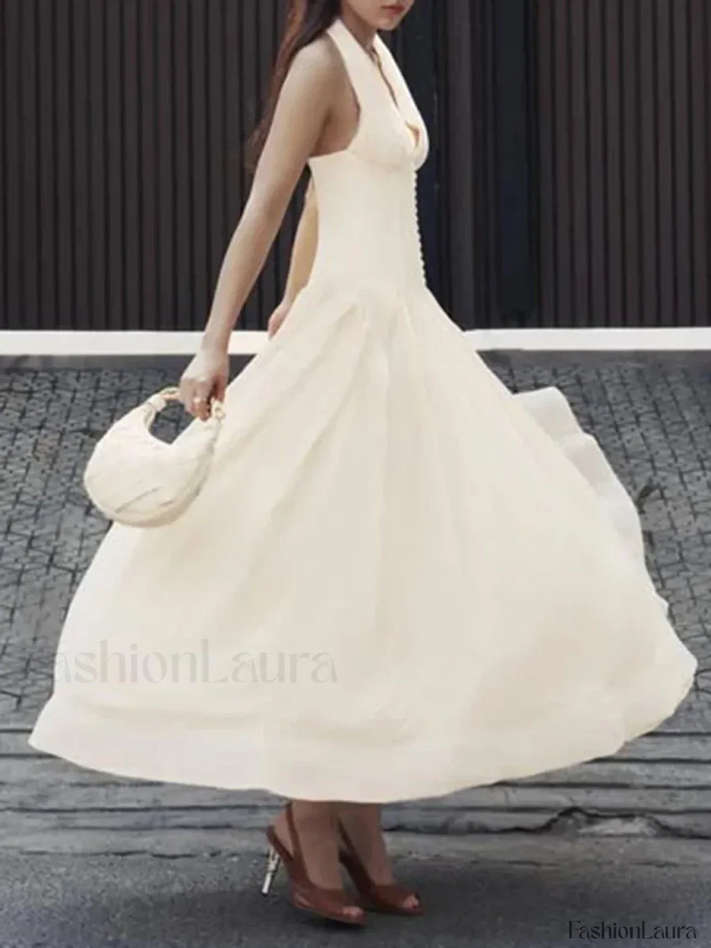 Apricot Buttoned Patchwork V-Neck Maxi Dress