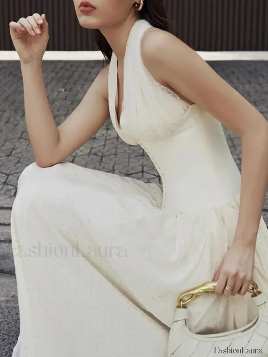 Apricot Buttoned Patchwork V-Neck Maxi Dress