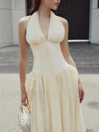 Apricot Buttoned Patchwork V-Neck Maxi Dress