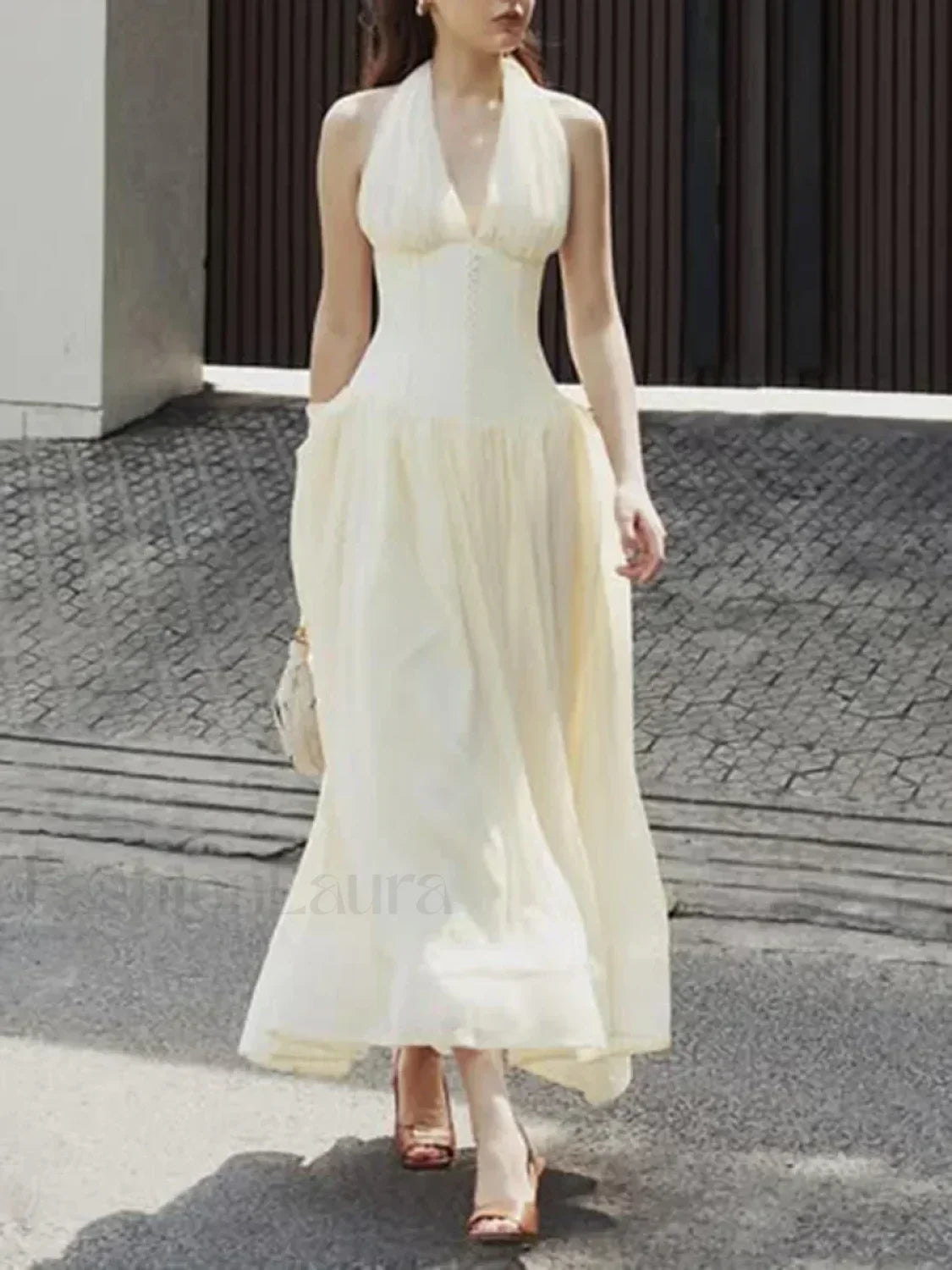 Apricot Buttoned Patchwork V-Neck Maxi Dress