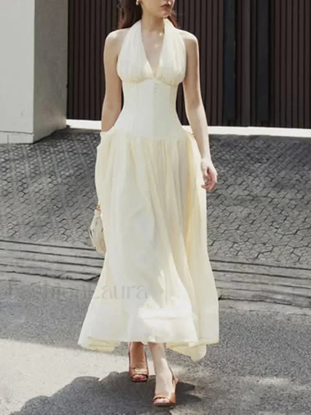 Apricot Buttoned Patchwork V-Neck Maxi Dress