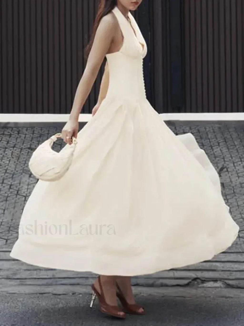 Apricot Buttoned Patchwork V-Neck Maxi Dress