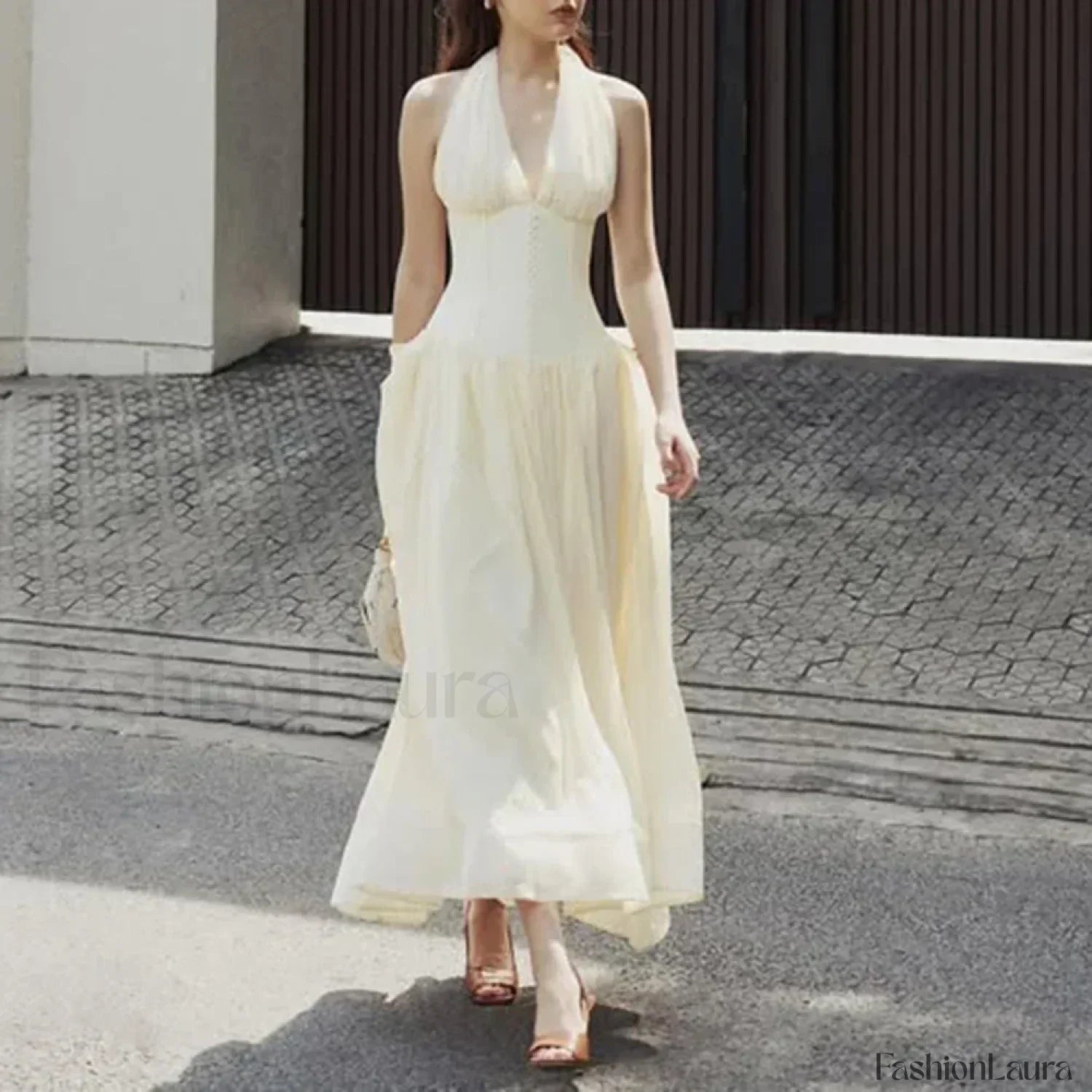 Apricot Buttoned Patchwork V-Neck Maxi Dress