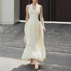 Apricot Buttoned Patchwork V-Neck Maxi Dress