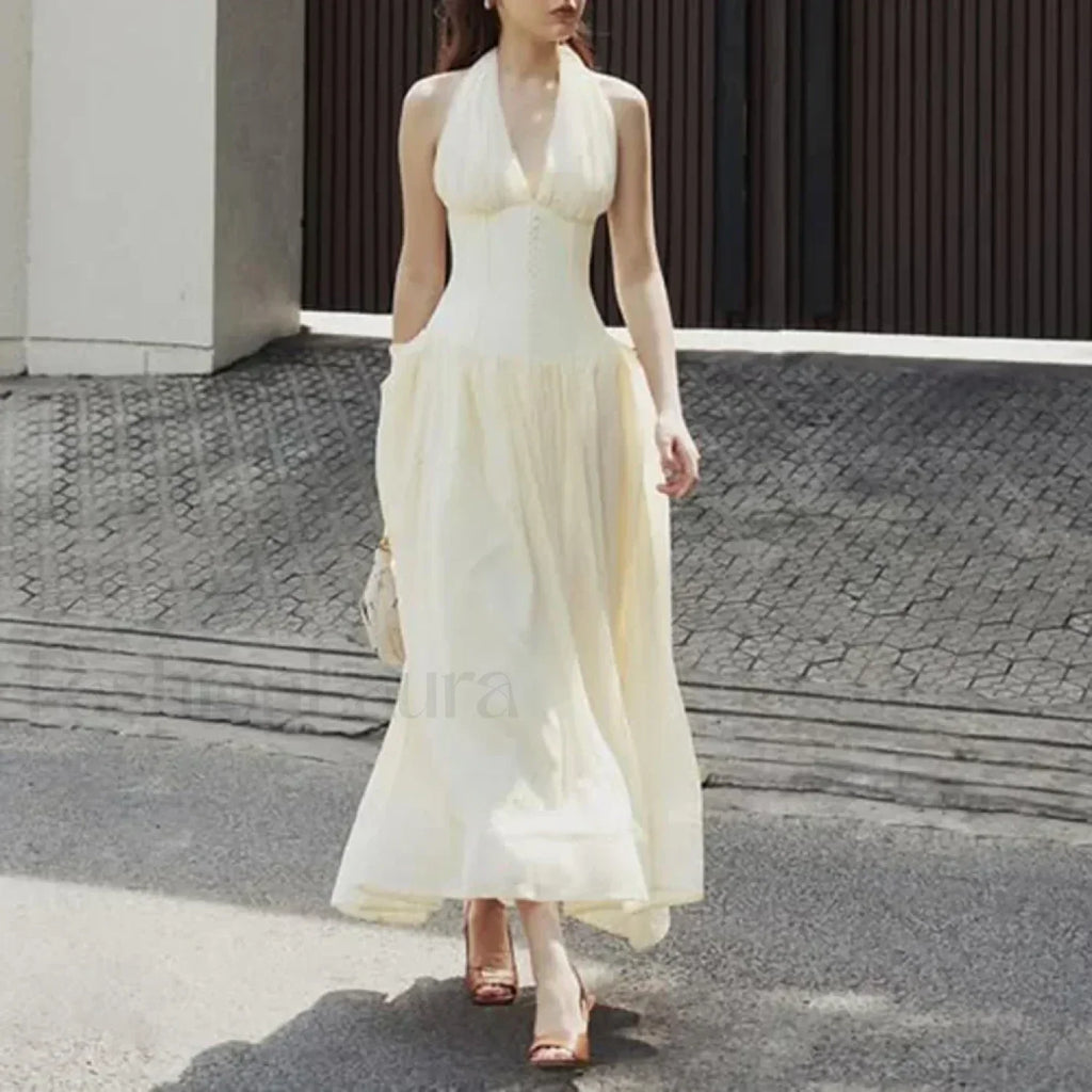 Apricot Buttoned Patchwork V-Neck Maxi Dress