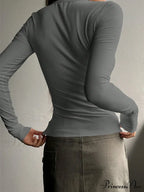 buttoned top U-neck long-sleeved knitted for women