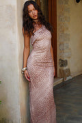 Asymmetrical Leopard Halter Slim Maxi Dress