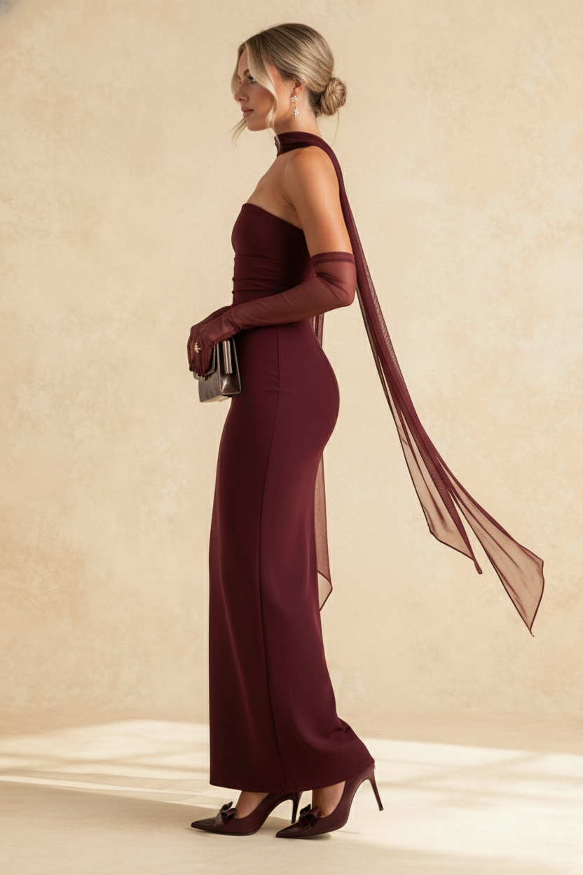 Strapless Ruched Waist Bodycon Maxi Dress Mesh Gloves Scarf Set