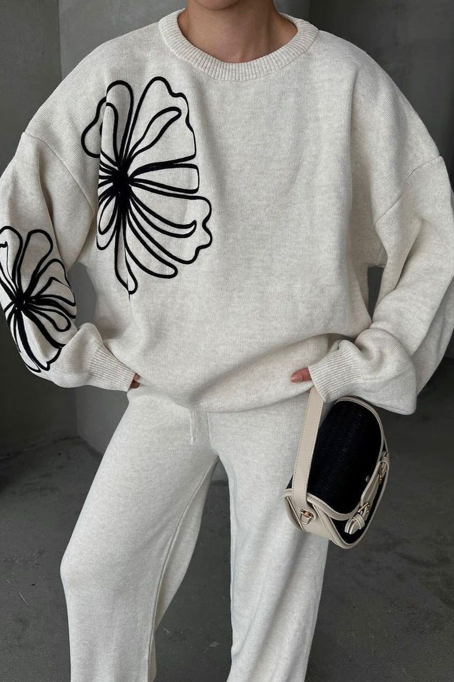 Casual Round Neck Knit Sweater with Pants Two Piece Set
