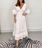 Eyelet Broderie Smocked V Neck Tiered Ruffle Bell Sleeve Maxi Dress