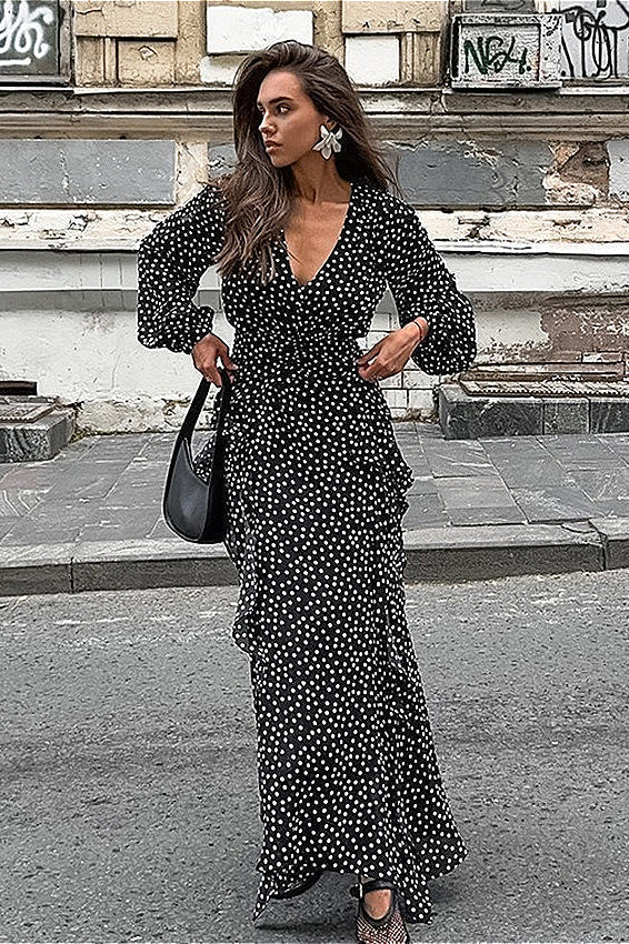 Polka Dot Deep V-Neck Long Sleeve Tiered Ruffle Maxi Dress