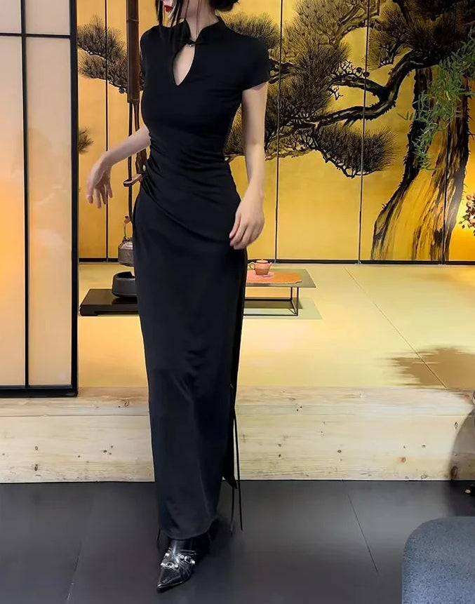 Mandarin Collar Keyhole Ruched Side Slit Maxi Dress