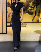 Mandarin Collar Keyhole Ruched Side Slit Maxi Dress