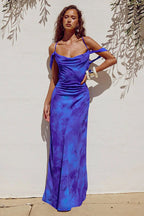 Marble Print Cowl Neck Cold Shoulder Spaghetti Strap Slip Maxi Dress