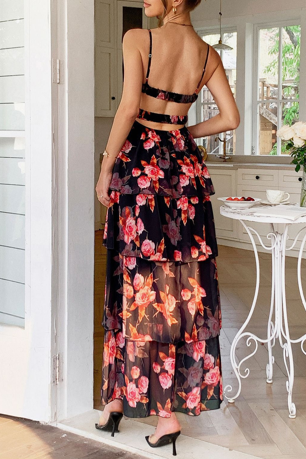 Spaghetti Strap Deep V Floral Print Tiered Ruffle Maxi Dress