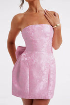 Jacquard Floral Strapless Bow Back Pocket A-Line Mini Dress