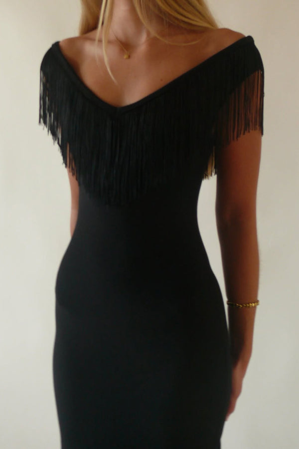 Solid Color V-neck Off-shoulder Slim-fit Tassel Midi Dress