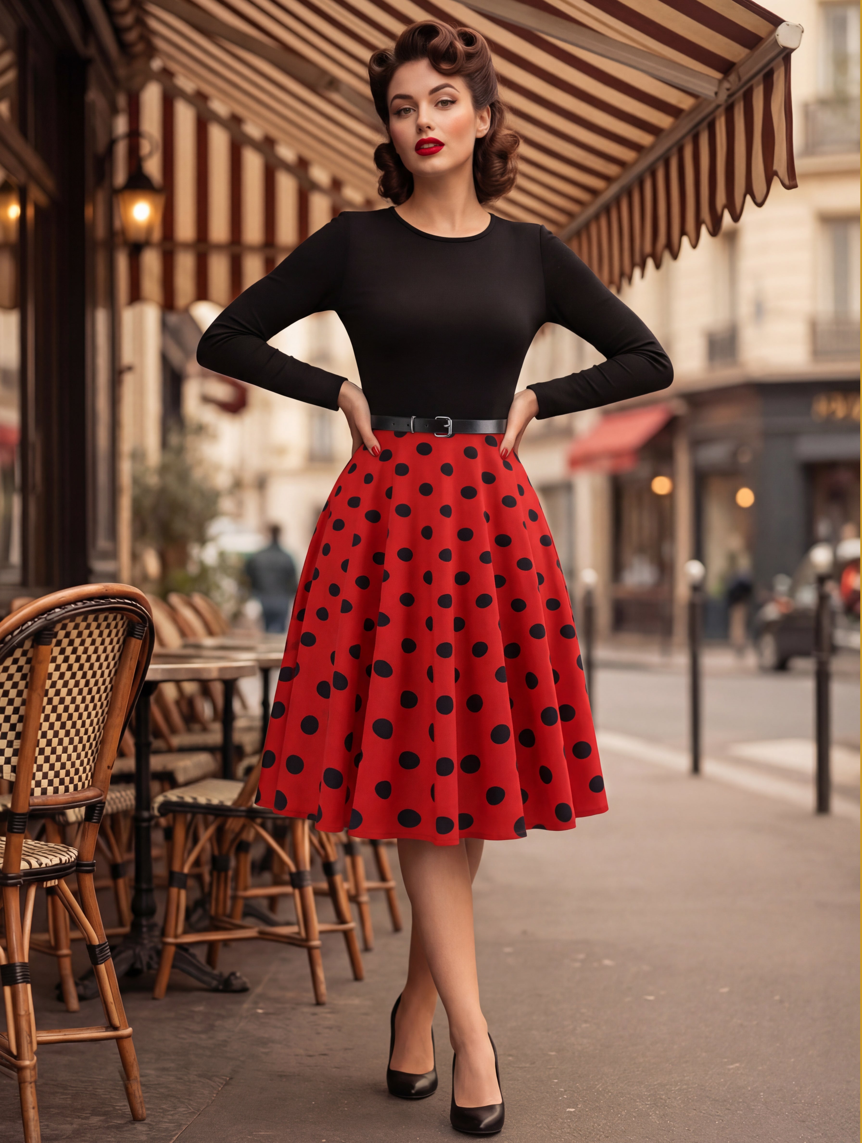 Vintage Polka Dot Swing Dress for Women - 1950s Rockabilly Long Sleeve Belted A-Line Midi Dress - Spring Retro Party 2026