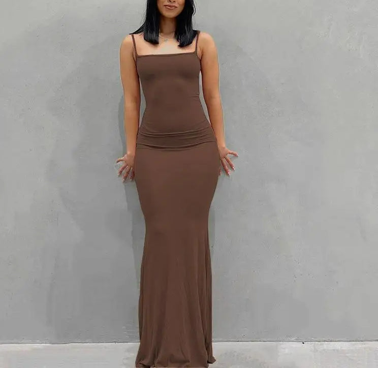 Knit Scoop Neck Spaghetti Strap Bodycon Maxi Slip Dress