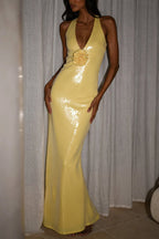 Sequin Deep V-Neck 3D Floral Applique Bodycon Maxi Gown