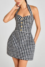 Mila Check Bouclé-tweed Fabric Halter Sweetheart Neck Gold Button Pocketed Mini Dress