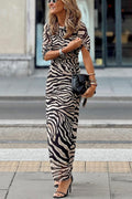 Zebra Print Mesh Ruched Side Gather Bodycon Maxi Dress
